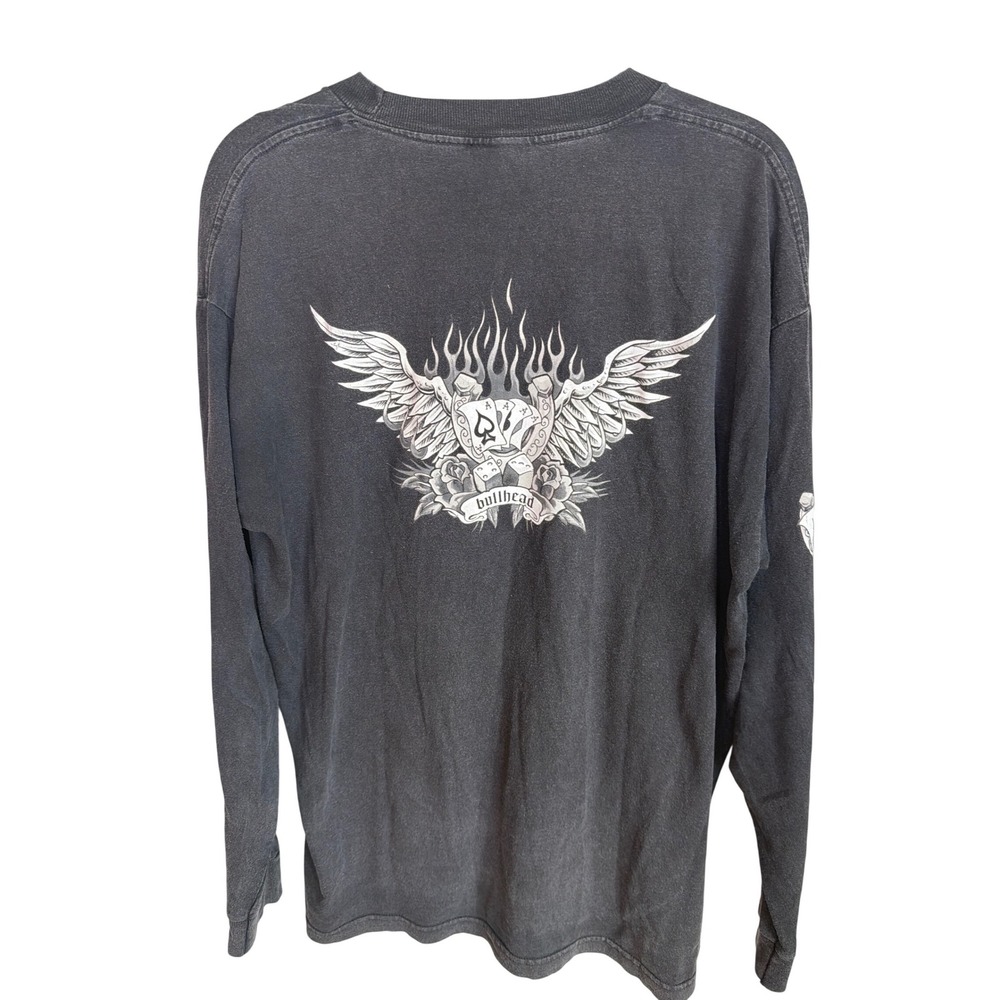 Vintage Y2K Bullhead Long Sleeve Graphic Tee Black Wings Ace of Spades Flames